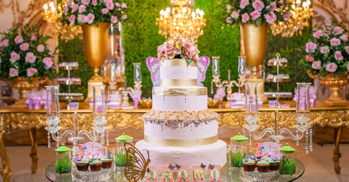 Flower Arrangements and a Birthday Cake in a Reception Hall 