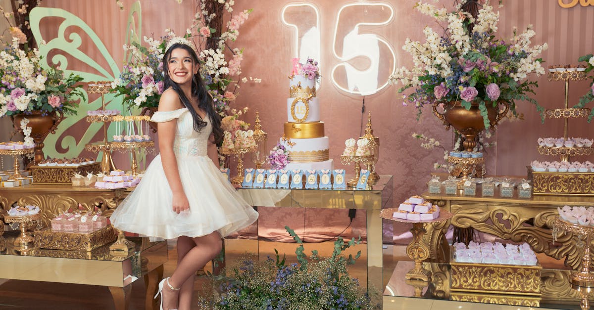 Smiling Girl in Dress Posing near Catering Tables on Birthday Party