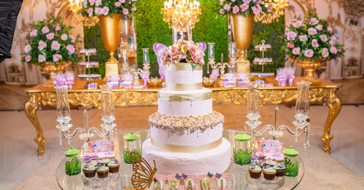 Flower Arrangements and a Birthday Cake in a Reception Hall 