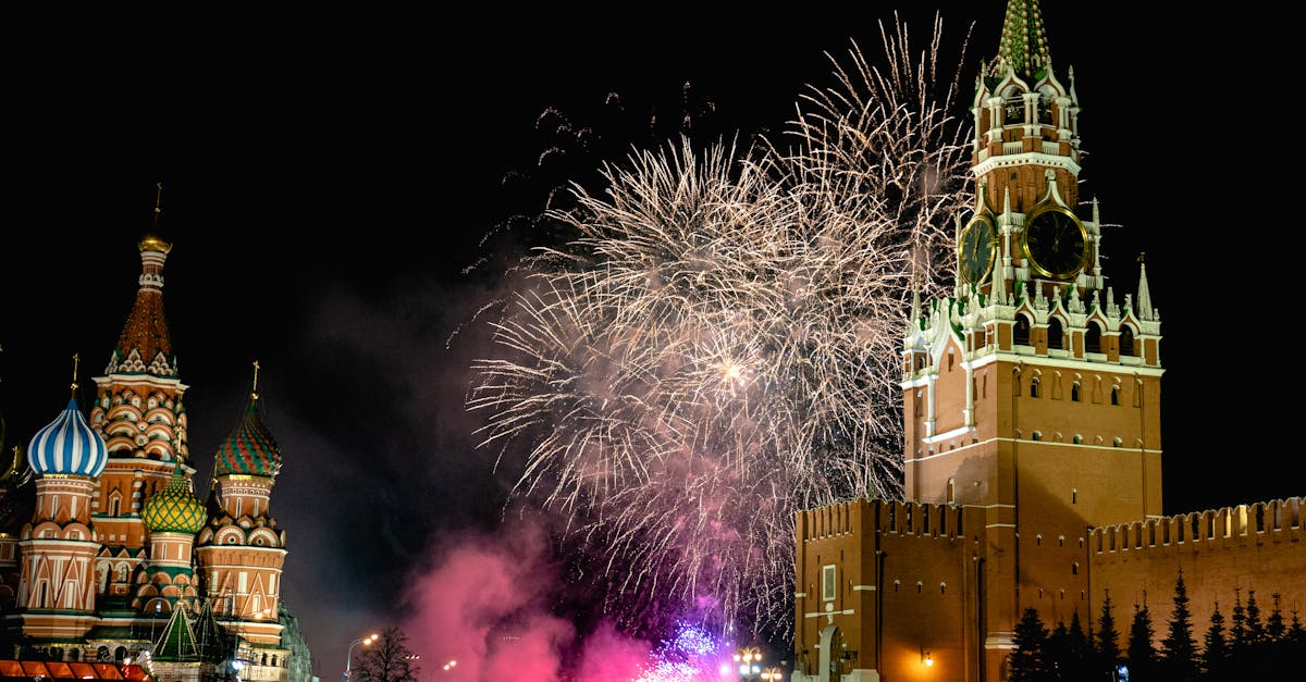 Nighttime fireworks display over Moscow's iconic Kremlin and Saint Basil's Cathedral, capturing a festive atmosphere.